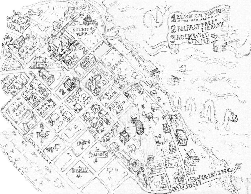An idiosyncratic, pencil-drawn sketch of Belfast, Maine, showing sites related to the book fair as well as other points of interest. 